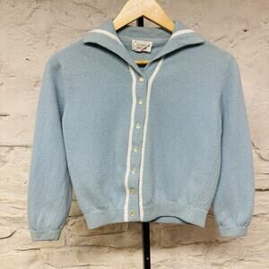 Vtg 50s 60s Colebrook “Angolamb” Blue Cardigan Sweater Cropped Rockabilly Small